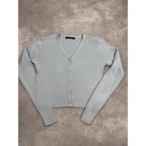 Brandy Melville Cardigan Sweater Womens Small Gray Ribbed Button Up V Neck Crop